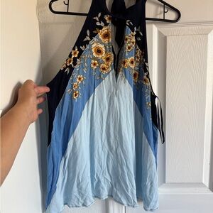 Free People Floral Halter Tank Top - Navy and Light Blue